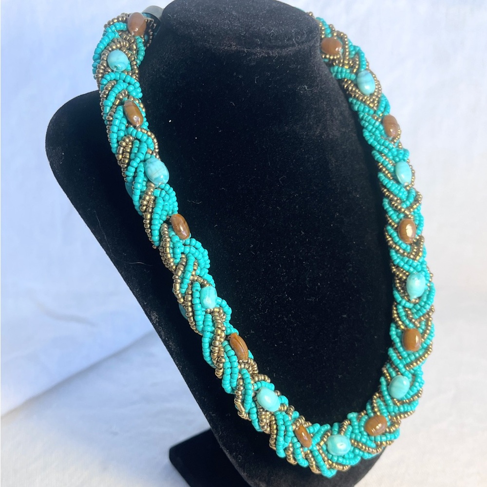 Handcrafted Beaded Braided Necklace in Turquoise and Brown